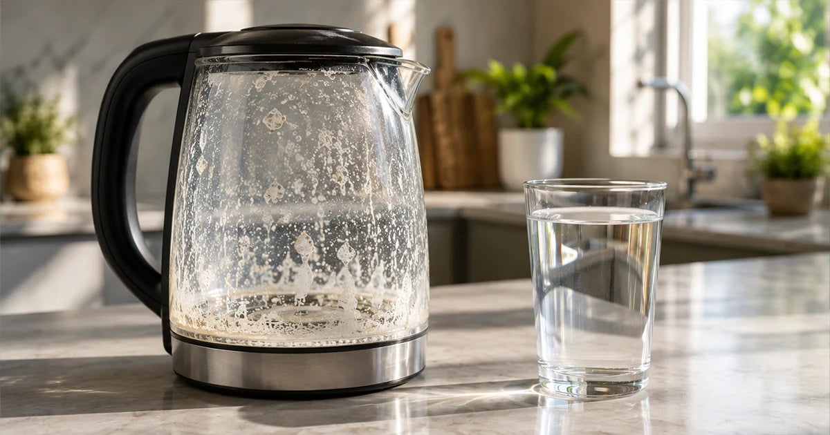 Kettle içinde biriken kireç tabakası ve yanında berrak içme suyu